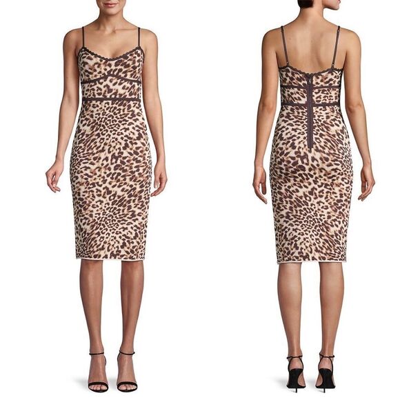 BCBGMAXAZRIA Sleeveless Leopard-Print Sheath Bodycon Dress Brown Tan XXS - Picture 2 of 4